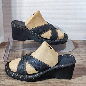 Born Leather Sandals Size 9 Slip On Block Heeled Comfort Dressy Slides Shoes